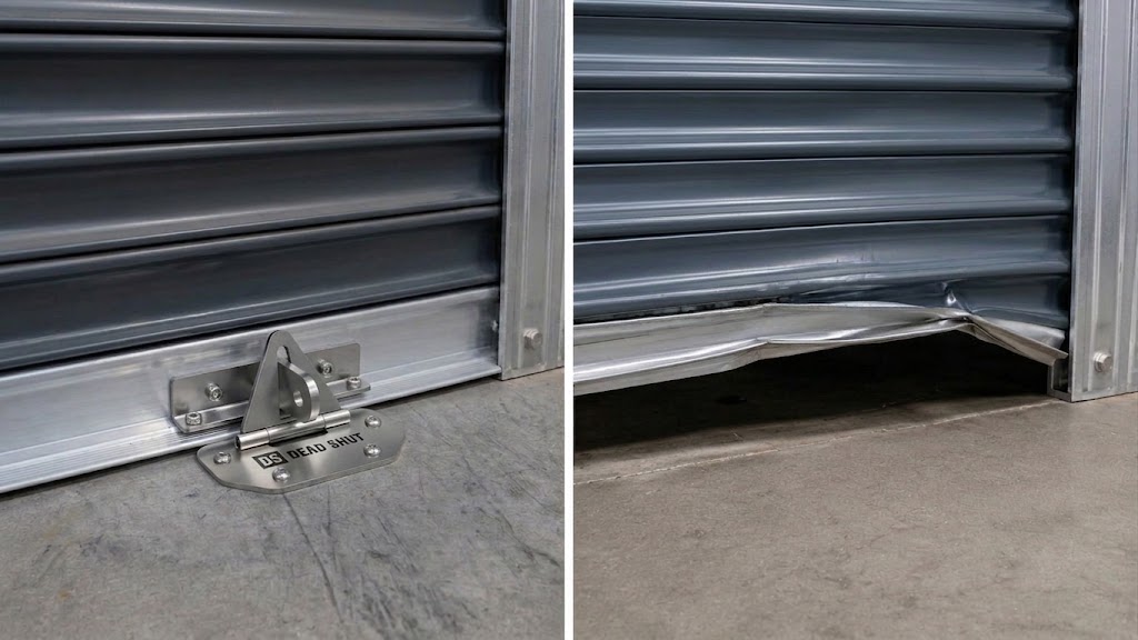 Left: a roller door with a Dead Shut anchor fitted at the bottom rail. Right: an unanchored roller door with the bottom rail bent upward, leaving a gap above the concrete.