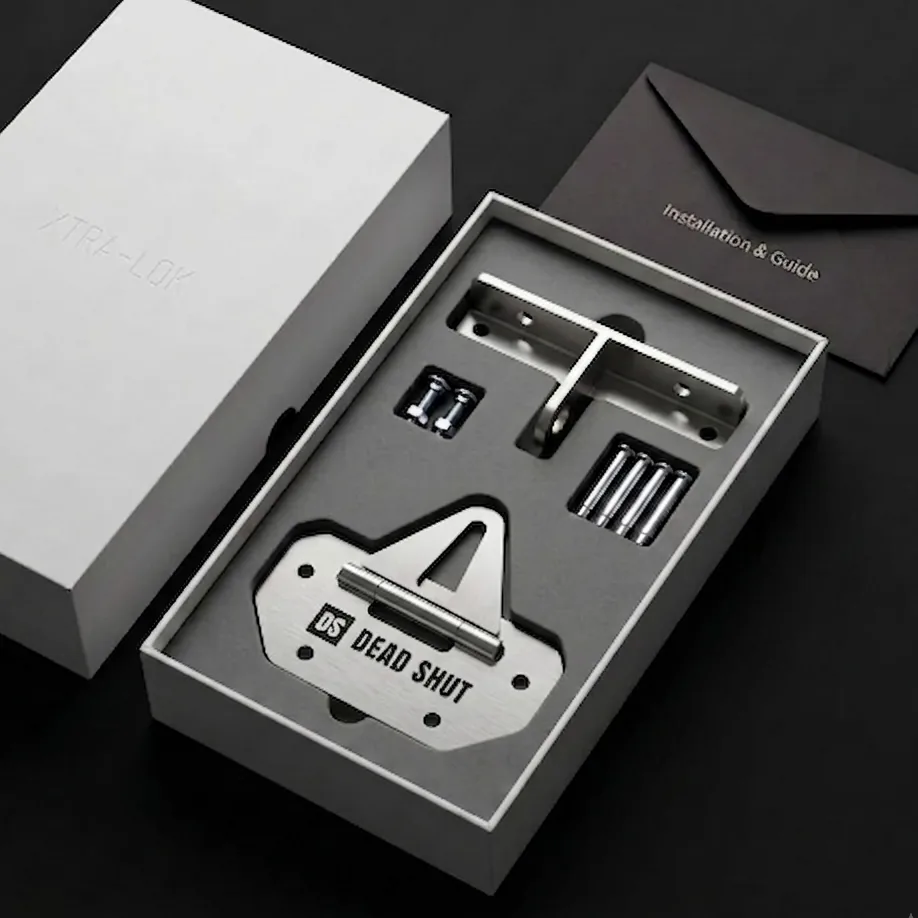 The complete Dead Shut kit packaged with the floor anchor, door bracket, fixings and installation guide